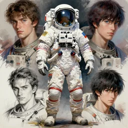 concept art, digital art, manga drawing, full body astronaut sketch, illustration in the style of darren bartley, katsuya terada