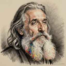 a stunning ultra realistic pencil drawing of  content old man with a long colourful beard, peaceful and graceful, by dirk  dzimirsky and tom bagshaw, studio portrait, oil paint, melancholic, catchlight in the eyes, 4K