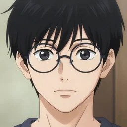 portrait image of a cute androgynous young man with black hair and circular glasses, clean shaven, trending on artstation, facial symmetry, in the style of hirohiko araki, soft lighting, post processing,