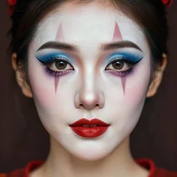 realistic photograpy tender sweet portrait of a wonderful symmetrical woman she has a circus makeup, symmetrical eyes, portrait photography, bizarre, trending on artstation, characterdesign, sharp focus, art by ruan jia, ghibli, elena shumilova, leah robinson