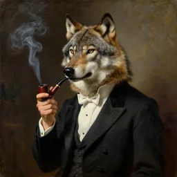 portrait of an aristocratic wolf!!!!!!!!!!! wearing a tuxedo and smoking an old pipe, painting by ida rentoul outhwaite, trending on cgsociety, moody cinematic lighting
