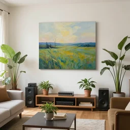 a living room with plants and speakers and a painting on the wall, a photorealistic painting by mollie forestier - walker, featured on tumblr, light and space, sanctuary, soft light, aesthetic