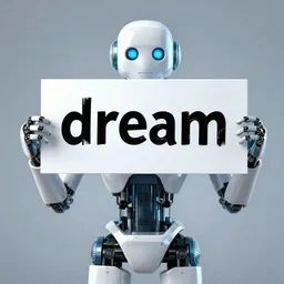 robot intelligence holding a sign with text that reads : dream