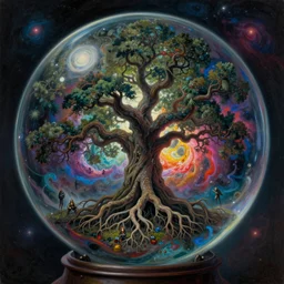an enigmatic and terrifying painting of a alternate universe inside a glass orb by marc simonetti, greg rutkowski, ferdinand knab, colour, hyper detail, 8 k, one giant oak, universe, nebula, burst of colour, imaginary, roots, concept art, out of this world, depth, incredible depth