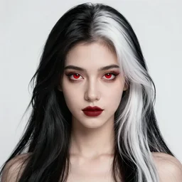 Portrait of a pretty half-elf half-vampire young woman. Her hair is both black and white. Her eyes have red irises and vertical pupils. Art by Greg Rutkowski and Alphonse Mucha