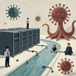illustration of a data-center architecture or schema, sunglass wearing security agent and spiked virus and huge tentacles, datapipeline or river, painting by Jules Julien and Lisa Frank and Peter Mohrbacher and Alena Aenami and Dave LaChapelle muted colors with minimalism