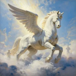 a giant statue pegasus mecha, heavenly light, in the clouds, tim hildebrandt, wayne barlowe, bruce pennington, donato giancola, trending on artstation, cinematic composition, beautiful lighting, hyper detailed, 8 k, oil on canvas