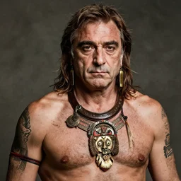 Mario Draghi as a fierce tribal warrior, tattoos and golden earrings