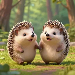 3d render of two happy hedgehogs in a forest, romantic, holding paws, walking together