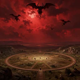 fifth circle of hell, dante's inferno, landscape, cinematic, dramatic, very detailed, far horizon, volumetric, by eugene delacroix, artstation, jessica rossier, octane render, vivid, angry red sky, demons flying overhead