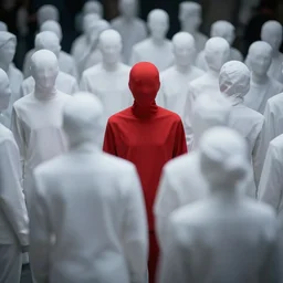 a red cgi person inside a crowd of white people