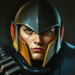 dnd kenku samus. oil on canvas featured by keith parkinson 1 9 8 5. cinematic, bending to track. composition. realistic facial features and expression. metroid