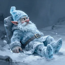 a body of a frozen dwarf, a dwarf made out of ice lying down digital painting