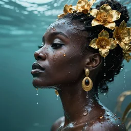 hyperrealistic post - futurist cinematic very expressive! profile black oshun goddess, in water! up to shoulders, mirror dripping droplet!, gold flowers, highly detailed face, digital art masterpiece, smooth eric zener cam de leon, dramatic pearlescent turquoise light on one side, low angle uhd 8 k, shallow depth of field