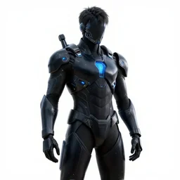 guy in a futuristic black armor with blue lights in it, white backgrounds, hyperdetailed, artstation, cgsociety, 8 k