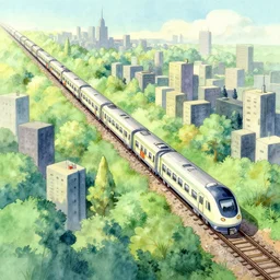 a long train crossing a minimalistic forest city, studio ghibli, pixar and disney animation, science fiction, cyberpunk, sharp, disney concept art watercolor illustration by krenz cushart and alphonse mucha, pastel color palette, dynamic lighting