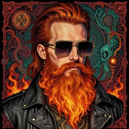 detailed hipster skinny man with square sunglasses, long fires beard, dmt, by james gurney + intricate and vibrant work + portrait + trending on artstation + incredible gothic illustration + exquisite detail