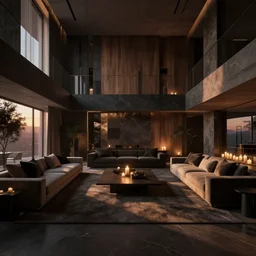 videogame screenshot of a very dark dreamy modern luxury maximalist living room, candlelight, sunset glow, dark shadows, wood concrete marble finishes, octane render, volumetric lighting, raytracing, symmetrical wide shot low angle