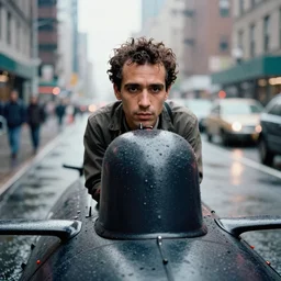 closeup portrait of a man riding a submarine in a rainy new york street, by Steve McCurry and David Lazar, natural light, detailed face, CANON Eos C300, ƒ1.8, 35mm, 8K, medium-format print