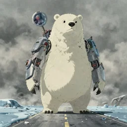 cell shaded cartoon of a giant lovecraftian mechanized polar bear from howl's moving castle ( 2 0 0 4 ), on an icy road in the mist, full body, wide shot, very muted colors, post grunge, studio ghibli, highly detailed, deviantart, art by artgem