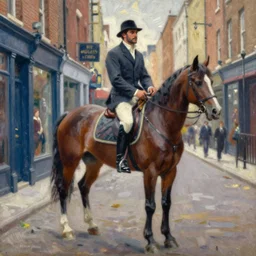 painting of a man on a horse in a Dublin alleyway, painted by George Bellows, 1905, detailed brushstrokes