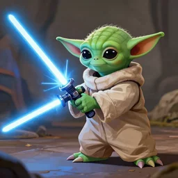 yoda teaching grogu how to fight with a lightsaber, 8 k, trending on artstation