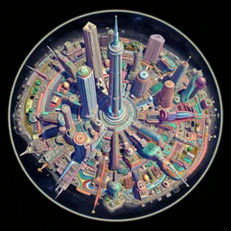 a psychedelic retro sci fi city in space by roger dean equirectangular projection