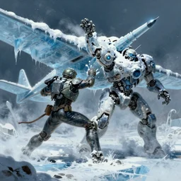 fighting on an icy plane Ice Snow Mech Tank fight In the style of Frank Frazetta