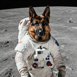 high resolution colour photograph of a german shepherd on the moon surface, wearing a space suit, portrait, very detailed, realistic, shot on digital camera