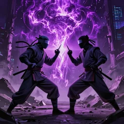 a duel between 2 ninjas standing in the ruins of crux prime, purple fiery maelstrom in the distance, digital art, artstationhq