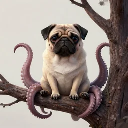 a lovecraftian pug monster made of beaks and tentacles | sitting in a tree on a branch | the branch has 1 2 green leaves | illustration, very detailed, pen, ink and watercolors, drawn by brian bolland