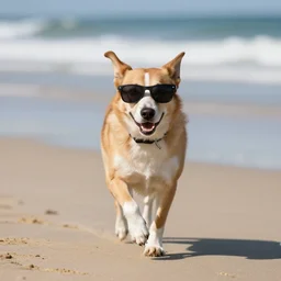 a dog wearing sunglasses while running on the beach, f3.5, dslr, front view