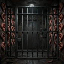 dim lit, dark jail, walls made of ears, highly detailed illustration, trending at artstation