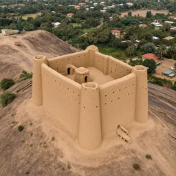 aerial view of an old West African castle made of mud bricks on top of a mountain