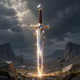 a magical fantasy sword with straight lines and gemstone in the hilt, energy radiating from along the blade