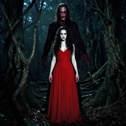 joshua middleton, john totleben, full body, pretty alyson hannigan, evil dead demon, evil dead movie, red dress, symmetrical eyes, symmetrical face, long curly black hair, trees, forest, branches, cinematic lighting, evil dead creature, scary, blood