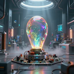 an immaculate volumetric lighting octane redshift render of a beautiful iridescent device of unknown origin in a vast modern computing center alchemist's lab with exposed circuit boards, fog, god rays, nixie tubes and tesla coils by Zdzisław Beksiński and beeple, beautiful modern colors, ultradetailed, 4k ultra