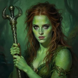 mindblowing portrait of emma watson as a swamp witch, green colored skin!!, holding caduceus, messy hair, deep focus, d & d, fantasy, intricate, elegant, highly detailed, digital painting, artstation, concept art, matte, sharp, illustration, hearthstone, art by artgerm and greg rutkowski and alphonse mucha