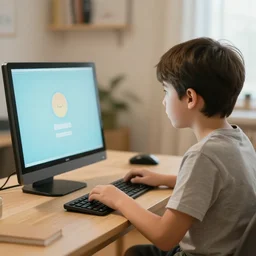 a kid using a talking computer