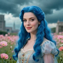 medium close up portrait of queen, vibing, regal dress, soft smile, blue long haired elegant model, female, storm clouds, poppies, in fantasy city, teal and pink color palette, annie liebovitz and roger deakins, detailed c
