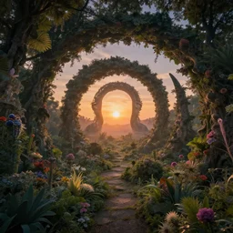 a bit flip at the end of time and space where we found the portal to the illusion of it all, surreal, fantasctic, notan, 8 k, sunrise, sunset, godhead, garden of enchantment, depth, multiple warped perspective, fractal, enlightenment
