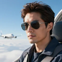 a man is flying on a plane with flying hair and aviator glasses, hyper realistic, hyper detailed, cfg _ scale 3 0