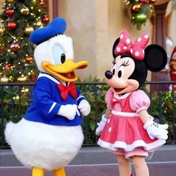 donald duck talking to minney mouse at disney world at christmas.