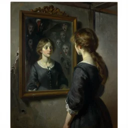painting of a girl looking at a mirror in an abandoned cabin, the mirror reflects thousands of nightmares. by theodore gericault, realistic oil painting, 4 k, studio lightning, award winning