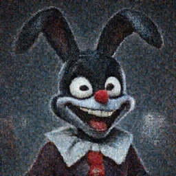A extremely highly detailed majestic hi-res beautiful, highly detailed head and shoulders portrait of a scary terrifying, horrifying, still of a creepy black cartoon clown rabbit in eraserhead with scary big eyes, earing a shirt laughing, hey buddy, let's be friends, in the style of Walt Disney animation