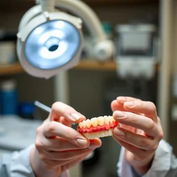 denture technician working in a lab. closeup stock photo of hands and a set of dentures