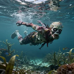 highly detailed full body portrait of a zombie swimming underwater in a zombie - apocalypse, waterplants and fish in the background, lightreflections in the water, by greg rutkowski, octane render