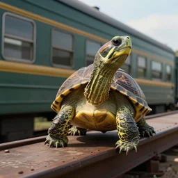 a turtle taking a selfie standing on a trains roof