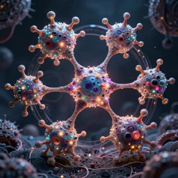 quantum connections represented as symbiotic organisms like cells playing around with colorful lights by ernst haeckel, hyperrealistic