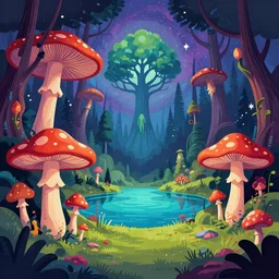 psychedelic mushrooms wide angle shot, enchanted cosmic forest, lake, sky, tree person, vector art, illustration by frank frazetta